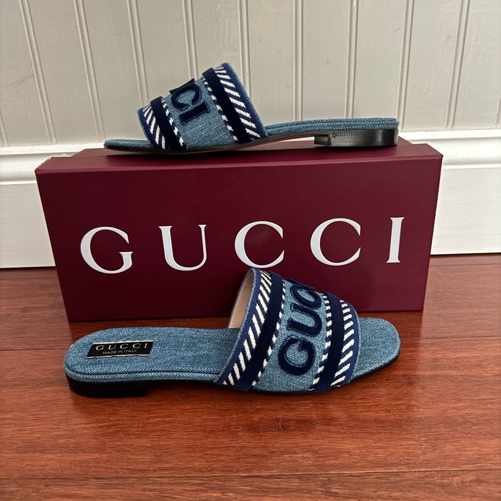 Gucci Jane Logo Embroidered Slide Sandal Denim Light Blue Various Size Available
